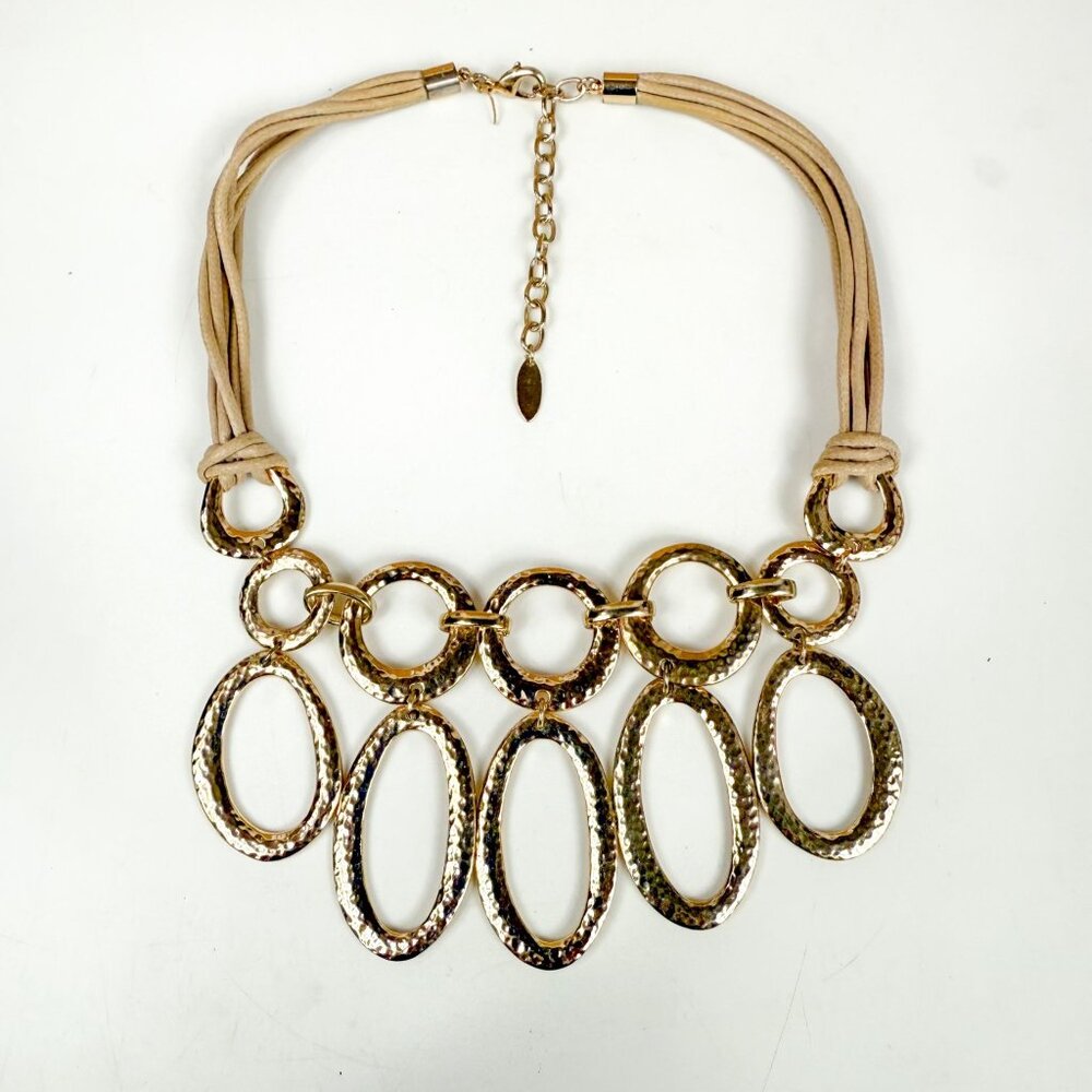 St Thomas Gold Tone Chunky Hammered Links Necklace  Leather Cords